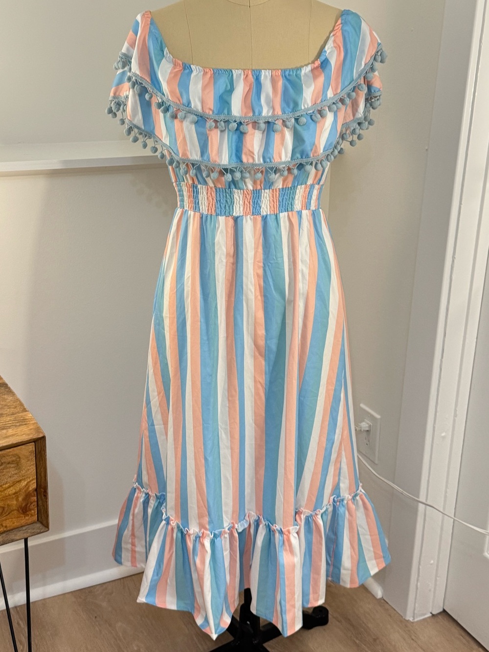 Pom Pom Striped Cinched Waist Dress